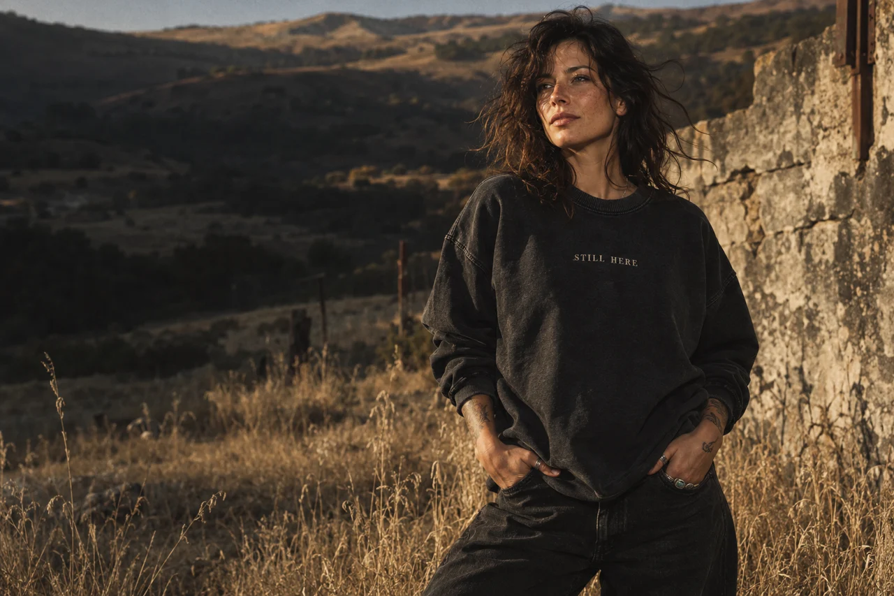 Campaign concept: a woman in a washed-black Still Here sweatshirt, standing in sunlit hills.