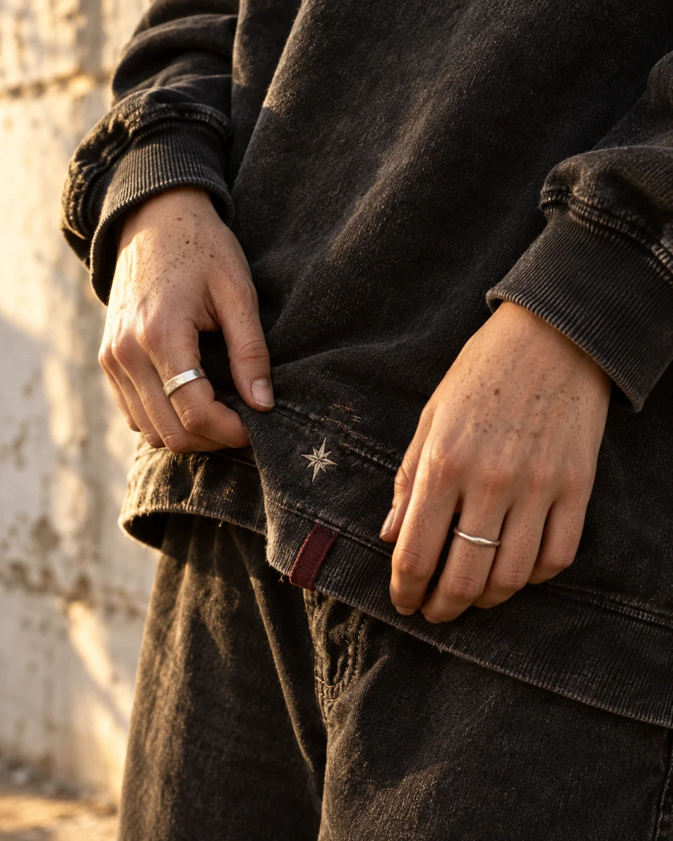 Editorial concept: silver rings, worn charcoal fabric and a small embroidered star.