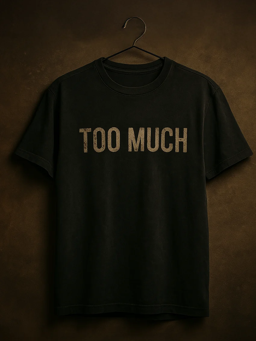 Design concept: faded-black tee with distressed Too Much lettering.