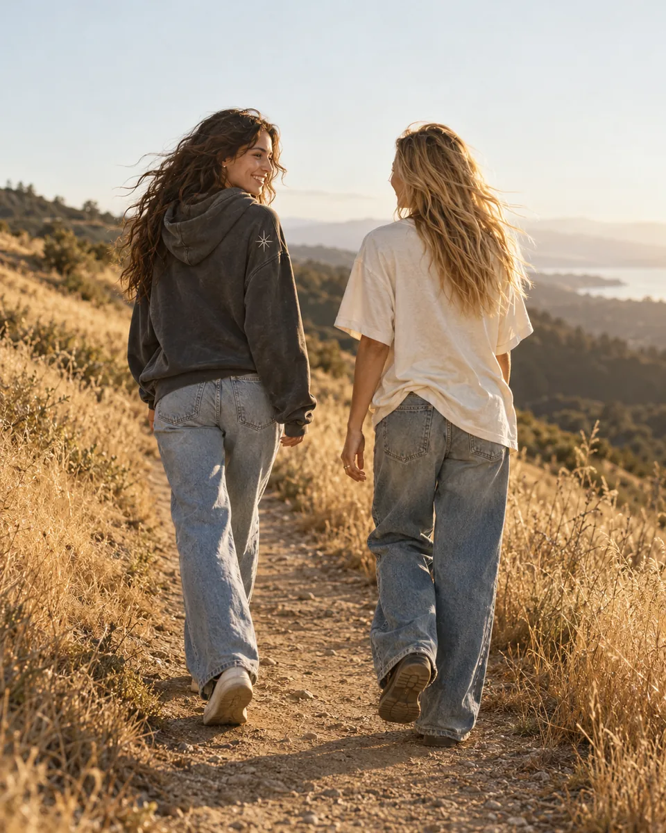 Generated campaign concept: two friends walking a sunlit trail in relaxed apparel.